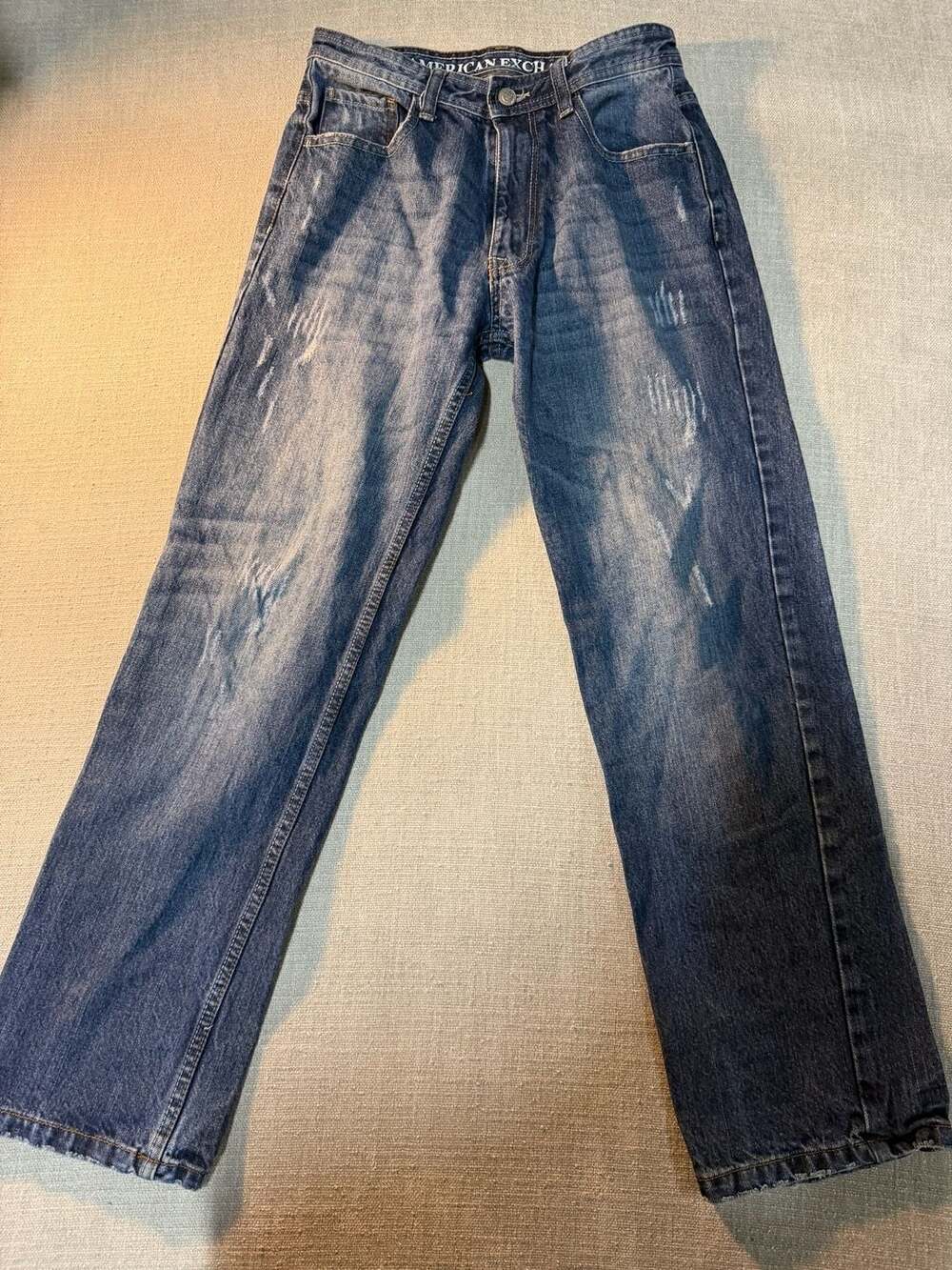 American Exchange Men's Distressed Relaxed Fit Blue Denim Jeans